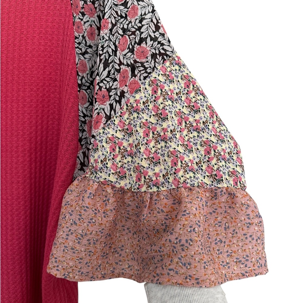 Umgee Vibrant Fuchsia Floral Butterly Ruffle Sleeve Waffle-knit Top Size S - Picture 3 of 5